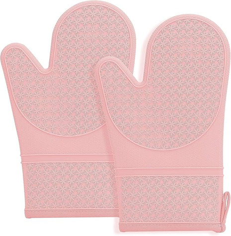 Hovico Silicone Oven Mitts, Heat Resistant 500F Kitchen Mitts 2PCS, 11.6" BPA-Free Soft Baking Gloves, Non-Slip Grip Oven Gloves with Soft Cotton Lining for Kitchen Cooking Baking BBQ - Pink