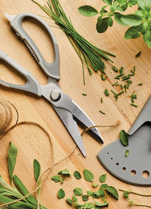 Rachael Ray Professional Multi Shear Kitchen Scissors with Herb Stripper and Sheath, 2 Piece, Gray