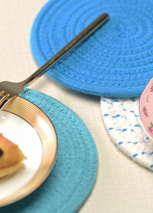 Kitchen Pot Holders Set Trivets Set 100% Pure Cotton Thread Weave Hot Pot Holders Set (Set of 3) Stylish Coasters, Hot Pads, Hot Mats, Spoon Rest for Cooking and Baking by Diameter 7 Inches (Blue)