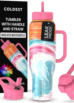 Coldest Tumbler with Handle and Straw - 100% Leak Proof Insulated Tumbler with Lid and Straw (3 Lids) - Stainless Steel Tumblers for Women & Men - Cup Holder Friendly Base, 46 oz (Amethyst)