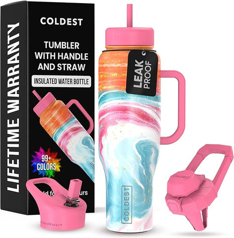 Coldest Tumbler with Handle and Straw - 100% Leak Proof Insulated Tumbler with Lid and Straw (3 Lids) - Stainless Steel Tumblers for Women & Men - Cup Holder Friendly Base, 46 oz (Amethyst)