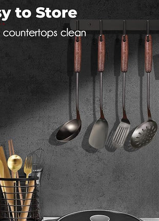 MARTE 18/10 Stainless Steel Cooking Utensil Set with Holder - 5 PCS Kitchen Serving Utensils Set - Spatula,Soup Ladle,Skimmer Slotted Spoon,Turner Spatula - Black Cooking Tools - Dishwasher Safe