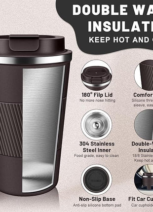 Insulated Coffee Tumblers with Flip Lid 12oz / 17oz, Stainless Steel Travel Coffee Mug Leak Proof, Vacuum Insulated Coffee Mug Reusable Cup, Keeps Cold and Hot for Coffee Tea