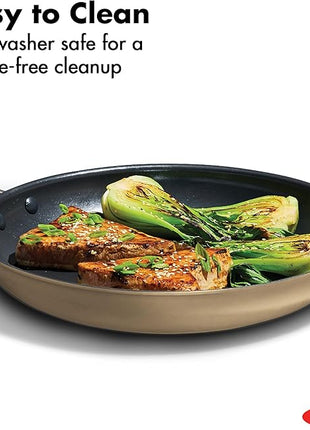 OXO Enhanced 12” Nonstick Frying Pan Skillet with Lid, Ceramic PFAS-Free Cookware, Stainless Steel Handle, Eggs & Omelets, Dishwasher & Oven Safe, Biscuit Brown