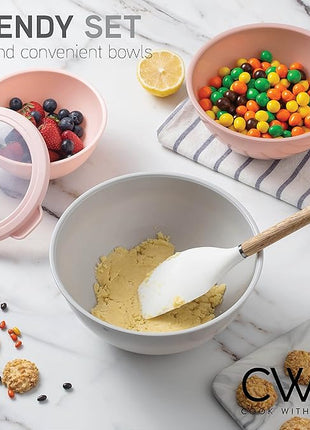 COOK WITH COLOR Mixing Bowls with TPR Lids - 12 Piece Plastic Nesting Bowls Set includes 6 Prep Bowls and 6 Lids, Microwave Safe Mixing Bowl Set (Pink Ombre)