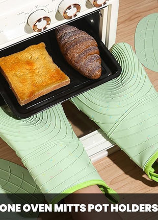 4 Pieces Oven Mitts and Pot Holders of Macaron Color Thickened Non-Slip Silicone Kitchen Gloves, Heat Resistant up to 500F, Essential for Kitchen Baking(makal-lv)