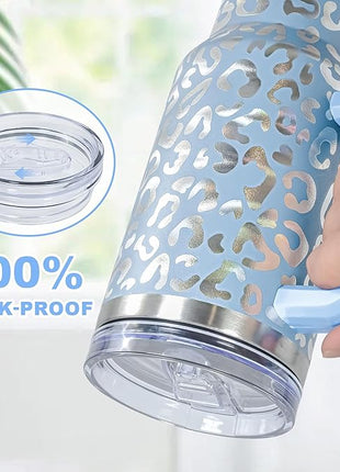 40 oz Tumbler with Handle and Straw, 100% Leak-Proof Travel Mug, Stainless Steel Double Wall Vacuum Insulated Coffee Cup Keeps Cold For 34 Hours, Dishwasher Safe, Hawkes Blue Leopard