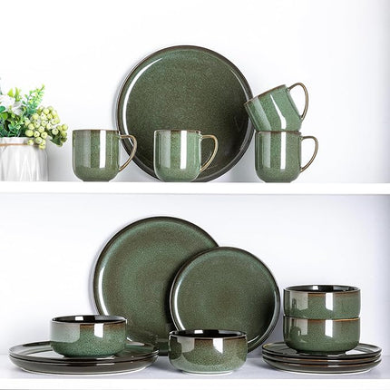 LERATIO Ceramic Dinnerware Sets for 4,16-PieceReactive Glaze Plates and Bowls Set with Mugs,Highly Chip and Crack Resistant | Dishwasher,Microwave & Oven Safe Dishes set-Green
