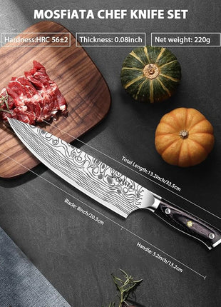 MOSFiATA 8" Super Sharp Professional Chef's Knife with Finger Guard and Knife Sharpener, German High Carbon Stainless Steel EN1.4116 with Micarta Handle and Gift Box