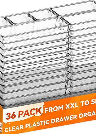 Criusia 36 Pack Large Clear Plastic Drawer Organizer Bins - 6 Size Acrylic Kitchen Drawer Organization and Storage for Utensils Gadgets, Office Bathroom and Vanity Organizer for Makeup Accessoires
