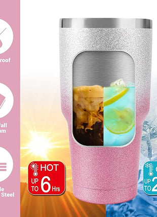 D·S 30 oz Tumbler Pink Glitter Gradient Cup Stainless Steel Double Wall Vacuum Insulated Mug with Straw and Lid, Cleaning Brush for Cold and Hot Beverages
