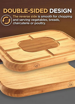 Turkey Platter for Thanksgiving - 18x12 Reversible Bamboo Carving Cutting Board for BBQ or Grilling - Heavy Duty Butcher Block with Deep Juice Groove, Spikes, Grid Grip - Large Kitchen Christmas Gift
