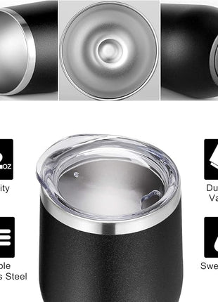 VEGOND 12oz Stainless Steel Wine Tumbler with Lid and Straw, Double Wall Vacuum Insulated Stemless Wine Glass Tumbler Cup, Coffee Mug for Cold Hot Drinks