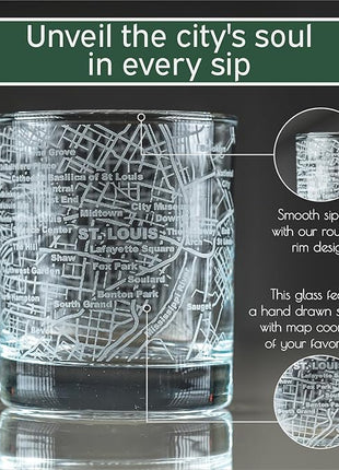 Greenline Goods Whiskey Glasses - 10 Oz Tumbler Set for St Louis lovers, Etched with St Louis City Map Old Fashioned Rocks Glass - Set of 2