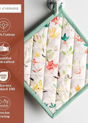 Maison d'Hermine Pot Holders 100% Cotton Heat Resistant Potholders 8" x 8" Hot Pads with Loop BBQ, Cooking, Baking, Grilling, Kitchen, Handling Hot Pans Spring/Summer (Pack of 1, Colmar)