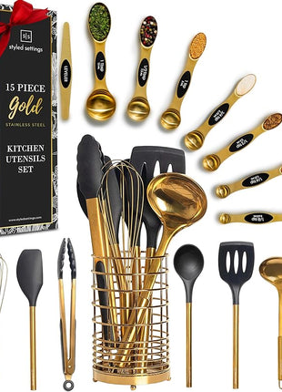 Styled Settings Black and Gold Kitchen Utensils Set – 15-Piece Cooking Set Includes Black Silicone Utensils, Gold Utensil Holder, and Magnetic Measuring Spoons – Stylish Kitchen Accessories