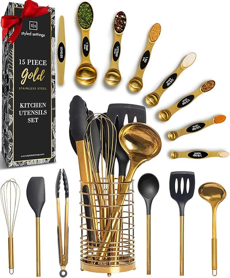 Styled Settings Black and Gold Kitchen Utensils Set – 15-Piece Cooking Set Includes Black Silicone Utensils, Gold Utensil Holder, and Magnetic Measuring Spoons – Stylish Kitchen Accessories