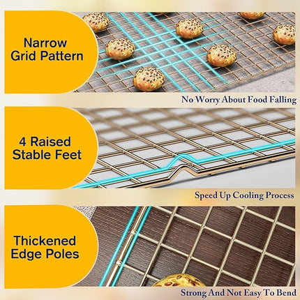 2PCS Cooling Racks for Cooking and Baking - 10" x 16"Heavy Duty Stainless Steel Wire Rack for Baking, Grilling, Roasting - Oven & Dishwasher Safe - Fits Half Sheet Pan（Gold）