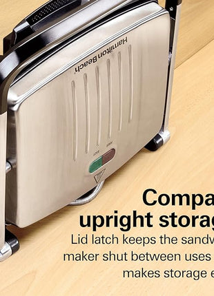 Hamilton Beach Panini Press, Sandwich Maker & Electric Indoor Grill, Upright Storage, Nonstick Easy Clean Grids, Stainless Steel (25410)