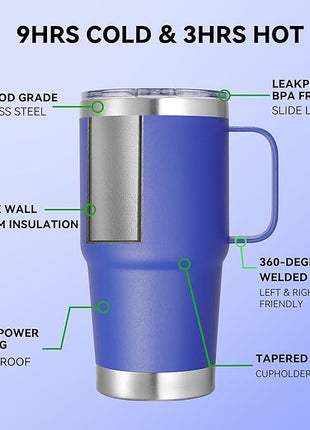 20 oz Stainless Steel Tumbler with Handle Bulk Metal Insulated Tumblers Travel Coffee Mug with Handle Double Wall Tumbler Cup with Lid and Straw, Blue 12 Pack
