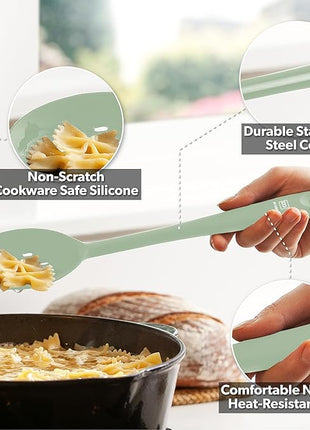 DI ORO Silicone Spoons for Cooking - Large Kitchen Spoons for Mixing, Serving, & Stirring - 600°F Heat-Resistant Non Stick Utensils – Big Solid & Slotted Basting Spoons - Dishwasher Safe (2pc, Sage)