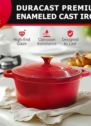 Mueller 6qt Enameled Cast Iron Dutch Oven, Heavy-Duty Casserole and Braiser Pan with Lid and Knob, Oven-Safe up to 500° F & Across All Cooktops, Red