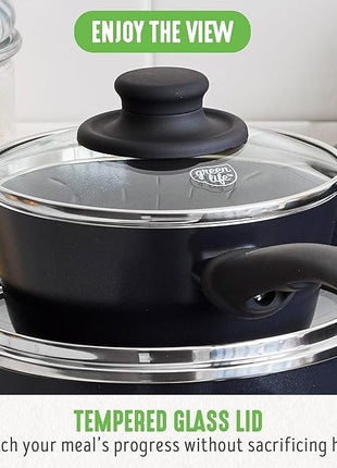 GreenLife 16 Piece Nonstick Cookware Set, Soft Grip Non-Toxic PFAS-Free Ceramic Pots & Pans, Dishwasher & Oven Safe, Frying, Sauce, Saute, Utensils, Glass Lids, Stay-Cool Handles, Wobble Free, Black