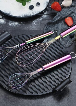 Berglander Rainbow Whisk Pack of 3 Stainless Steel 8",10",12", Titianium Plating Colorful Whisk for Cooking, Beater,Wire Whisk Set Kitchen Wisk (Rainbow)