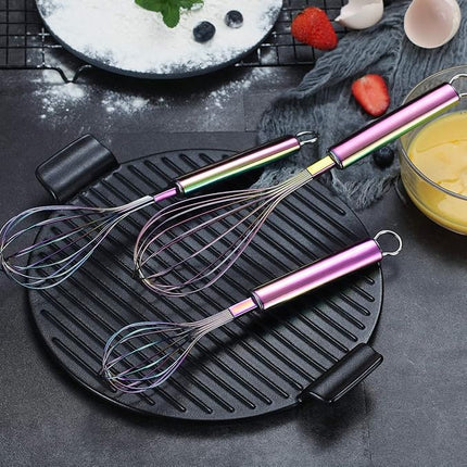Berglander Rainbow Whisk Pack of 3 Stainless Steel 8",10",12", Titianium Plating Colorful Whisk for Cooking, Beater,Wire Whisk Set Kitchen Wisk (Rainbow)