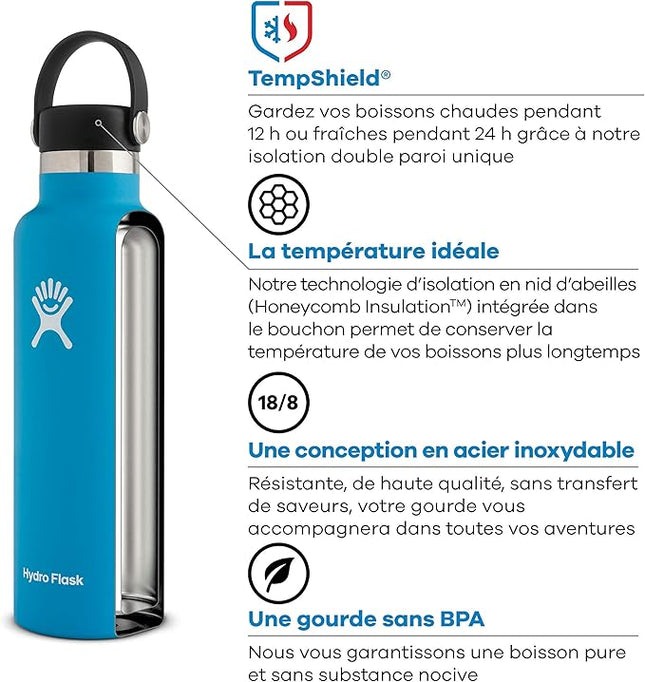 Hydro Flask 21 oz. Water Bottle - Stainless Steel, Reusable, Vacuum Insulated with Standard Mouth Flex Lid , Fog