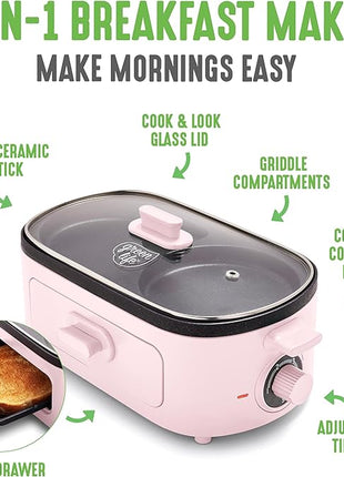 GreenLife 3-in-1 Breakfast Maker Station, Healthy Ceramic Nonstick Dual Griddles for Eggs Meat Sausage Bacon Pancakes and Breakfast Sandwiches, 2 Slice Toast Drawer, Easy-to-use Timer, Pink