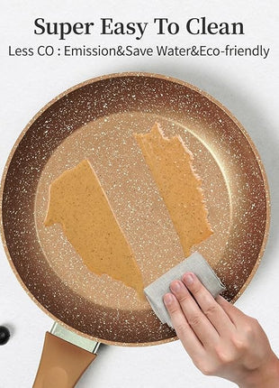 Innwewell Non Stick Frying Pan - Granite Stone Non Stick Skillet Frying Pans, Safe&No Toxic Egg Omelette Frying Pan, Nonstick Cookware Cooking Pan, Induction Compatible, PFOA Free(9.5inch, Gold)