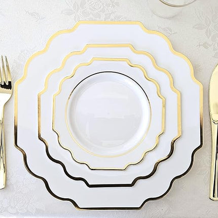 " OCCASIONS " 50 Plates Pack (25 Guests)-Heavyweight Wedding Party Disposable Plastic Plate Set -(25x10.5'' Dinner + 25x8'' Salad/Dessert) (Imperial White & Gold)