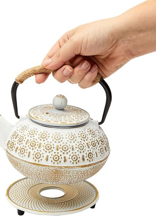 Juvale Stovetop Cast Iron Tea Kettle with Infuser - Superior Heat Retention Loose Leaf Tea Pot - Built-In Teapot with Strainer - Includes Trivet & Infuser Kettle - White, 27 Oz (800 ml)