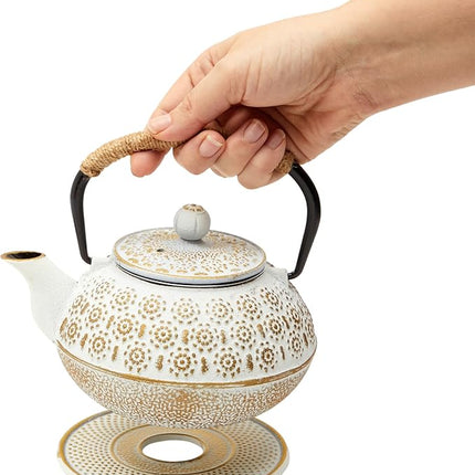 Juvale Stovetop Cast Iron Tea Kettle with Infuser - Superior Heat Retention Loose Leaf Tea Pot - Built-In Teapot with Strainer - Includes Trivet & Infuser Kettle - White, 27 Oz (800 ml)