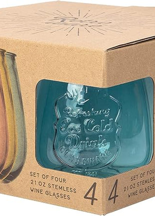 Glaver's Stemless Wine Glasses Set of 4 – 21oz Assorted Colored Wine Tumblers– Unique Embossed Logo, Vintage Cute Wine Glasses for, Beer, Juice, Cocktails, Fresh Drinks, Beverages, and more.