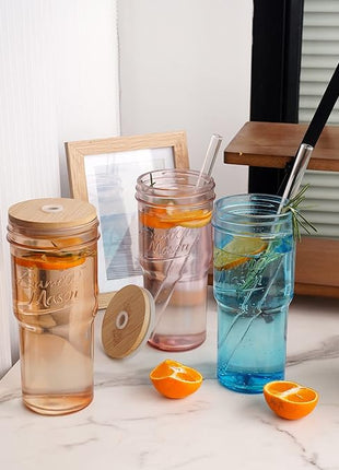 ANOTION Colored Glass Cups with Lids and Straws - 24oz Travel Coffee Mug Wide Mouth Mason Jar Iced Coffee Cup Smoothie Cup Glass Tumbler Tea Cup Clear Cute Water Cups Colorful Drinking Glasses