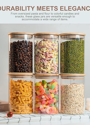 YUNCANG Glass Food Storage Jars 50oz [Set of 6],Clear Glass Food Storage Containers with Airtight Bamboo Lid Stackable Kitchen Canisters for Candy,Cookie,Rice,Sugar,Flour,Pasta