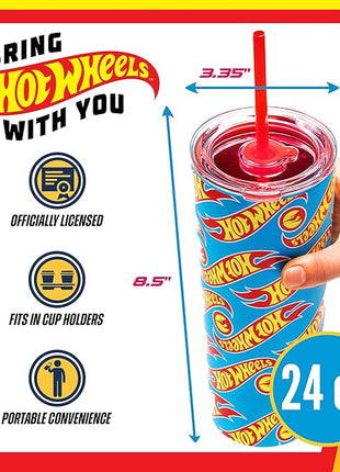 Dragon Glassware x Hot Wheels Insulated Tumbler with Lid and Straw - 24 oz Tumbler Cup with 2 Straws - Stainless Steel Tumbler with Straw for Water, Iced Tea - Travel Coffee Tumbler - Race Team
