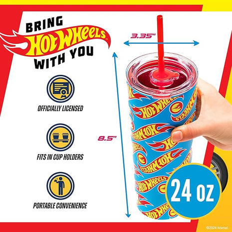 Dragon Glassware x Hot Wheels Insulated Tumbler with Lid and Straw - 24 oz Tumbler Cup with 2 Straws - Stainless Steel Tumbler with Straw for Water, Iced Tea - Travel Coffee Tumbler - Race Team