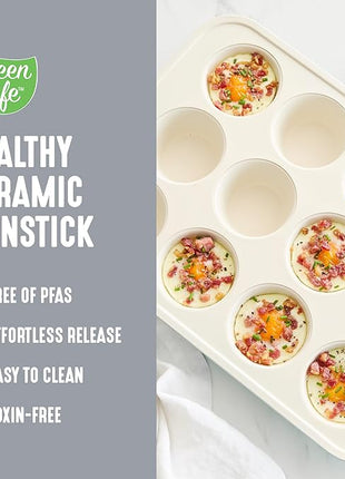 GreenLife 12-Cup Muffin Pan, PFAS-Free Healthy Nonstick Baking Tray, 11.4" x 1.9" x 15.9", Durable Ceramic Bakeware, Cupcakes, Egg Bites, Tarts, Brownies, Gray