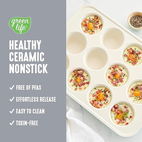 GreenLife 12-Cup Muffin Pan, PFAS-Free Healthy Nonstick Baking Tray, 11.4" x 1.9" x 15.9", Durable Ceramic Bakeware, Cupcakes, Egg Bites, Tarts, Brownies, Gray
