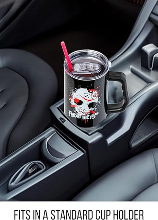 Silver Buffalo Friday The 13th Stainless Steel Tumbler with Handle Featuring Jason Voorhees’s Splatter Mask, Fits in Standard Cup Holder, 40 Ounces