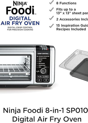 Ninja Digital Air Fry Countertop Oven, 8-in-1 Functionality, 1800W, Flip-Up Design, XL Capacity, Air Fry Basket, Wire Rack & Crumb Tray, Silver, SP101