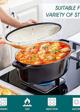 vancasso Enameled Cast Iron Oval Dutch Oven, 9.3 Quart with Non-Stick Enamel Coating for Bread Baking, Black Double Handle Pot with Lid