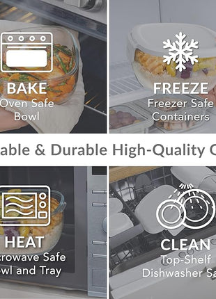 Bentgo Glass All-in-One Salad Container - Large 61-oz Salad Bowl with Lid, 4-Compartment Bento-Style Tray, 3-oz Sauce Container, and Reusable Fork - Dishwasher, Microwave, and Oven Safe (White)