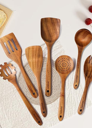 Wooden Spoons for Cooking, 7 Pcs Wooden Utensils for Cooking Natural Teak Wooden Kitchen Utensils Set