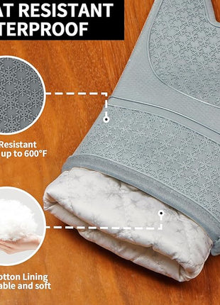 Hovico Silicone Oven Mitts, Heat Resistant 500F Kitchen Mitts 2PCS, 11.6" BPA-Free Soft Baking Gloves, Non-Slip Grip Oven Gloves with Soft Cotton Lining for Kitchen Cooking Baking BBQ - Gray