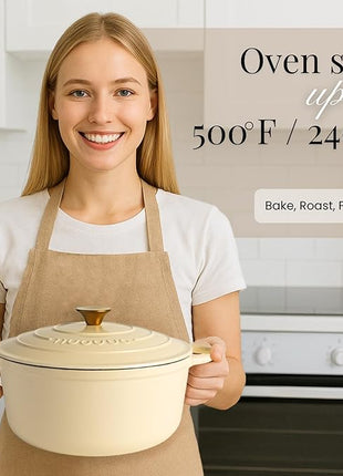 Nuovva Enamelled Cast Iron Dutch Oven Pot with Lid – 6.4 Quart Non Stick Casserole Pot – Heavy Duty & Oven Safe up to 500° F for Bread Baking, Braising, Stews, Roasting – 28cm Cream