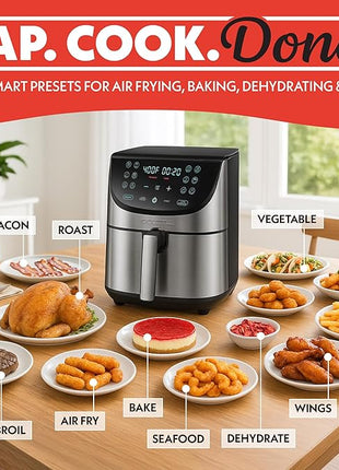 Gourmia Air Fryer - 8 Qt Extra Large Capacity, FryForce360º, Digital Display with 12 Presets, Roast, Bake, Broil, Dehydrate, Dishwasher Safe Accessories, Stainless Steel